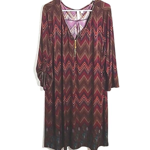 Tacera Burgundy Print Dress with Gold Exposed Zipper at Neckline, Size 3X - Picture 1 of 10